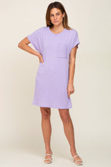 Lavender Ribbed Front Pocket Dolman Short Sleeve Dress