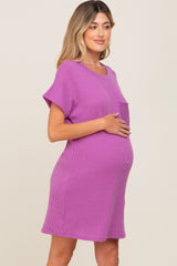 Violet Ribbed Front Pocket Dolman Short Sleeve Maternity Dress