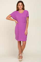 Violet Ribbed Front Pocket Dolman Short Sleeve Dress