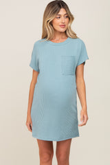 Mint Green Ribbed Front Pocket Dolman Short Sleeve Maternity Dress