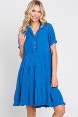 Royal Blue Tiered Collared Linen Maternity Dress