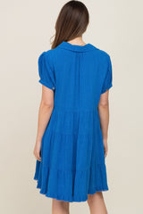 Royal Blue Tiered Collared Linen Maternity Dress