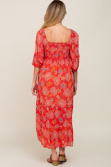 Red Floral Smocked Square Neck Tiered Maternity Midi Dress