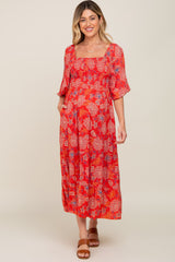 Red Floral Smocked Square Neck Tiered Maternity Midi Dress