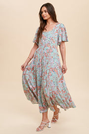 Mint Green Floral Button Front Short Flutter Sleeve Maxi Dress