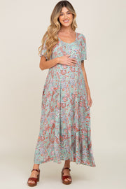 Mint Green Floral Button Front Short Flutter Sleeve Maternity Maxi Dress