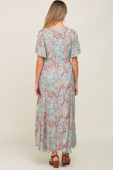 Mint Green Floral Button Front Short Flutter Sleeve Maternity Maxi Dress