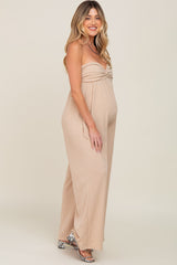 Taupe Strapless Front Twist Maternity Jumpsuit