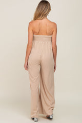 Taupe Strapless Front Twist Maternity Jumpsuit