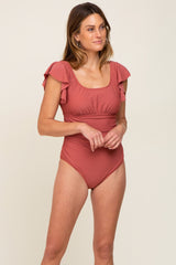 Rust Ruffle Shoulder Pleated Side Maternity One Piece Swimsuit