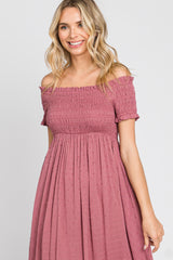 Mauve Off Shoulder Smocked Midi Dress