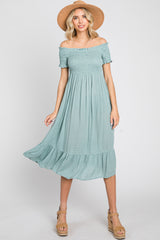 Sage Off Shoulder Smocked Maternity Midi Dress