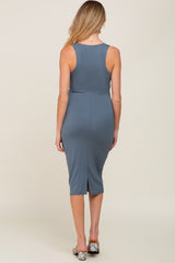 Blue Sleeveless Fitted Ruched Maternity Dress