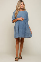 Blue Faded Denim Chambray Maternity Mini Dress