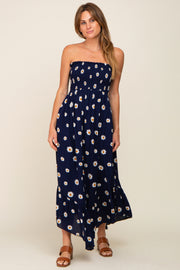 Navy Daisy Smocked Strapless Midi Dress