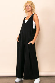 Black Deep V Sleeveless Wide Leg Jumpsuit