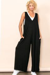 Black Deep V Sleeveless Wide Leg Jumpsuit