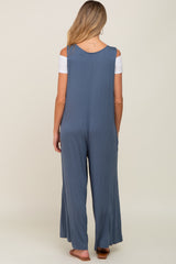 Blue Deep V Sleeveless Wide Leg Maternity Jumpsuit