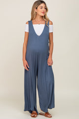 Blue Deep V Sleeveless Wide Leg Maternity Jumpsuit