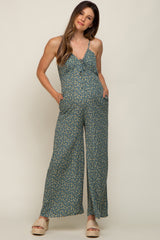 Olive Floral V-Neck Front Tie Sleeveless Maternity Jumpsuit