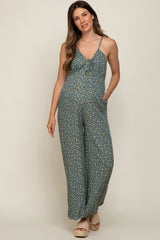 Olive Floral V-Neck Front Tie Sleeveless Maternity Jumpsuit