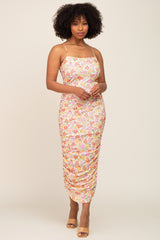 Yellow Floral Mesh Knit Ruched Maternity Midi Dress