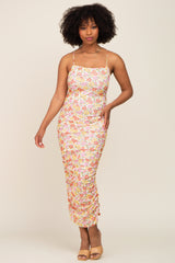 Yellow Floral Mesh Knit Ruched Midi Dress