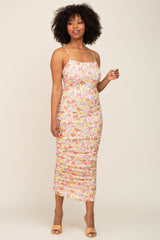 Yellow Floral Mesh Knit Ruched Midi Dress