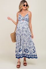 Navy Blue Floral Front Twist Maternity Maxi Dress