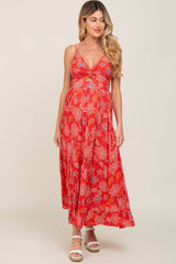 Red Floral Front Twist Maternity Maxi Dress