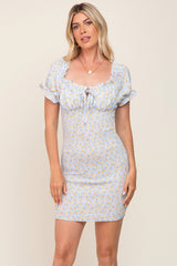 Light Blue Floral Smocked Tied Front Ruffle Short Sleeve Maternity Dress