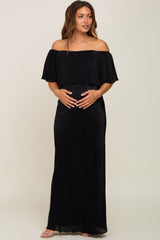 Black Pleated Ruffle Off Shoulder Maternity Maxi Dress