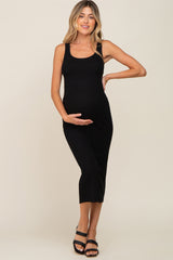 Black Ribbed Basic Maternity Maxi Dress