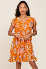 Orange Floral Flutter Sleeve Maternity Babydoll Dress