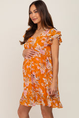 Orange Floral Flutter Sleeve Maternity Babydoll Dress