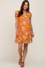 Orange Floral Flutter Sleeve Maternity Babydoll Dress