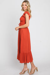 Rust Smocked Ruched Ruffle Hem Maxi Dress