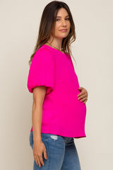 Fuchsia Satin Pleated Puff Short Sleeve Maternity Blouse