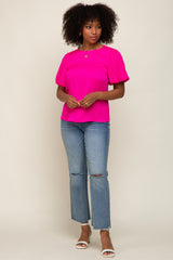 Fuchsia Satin Pleated Puff Short Sleeve Blouse