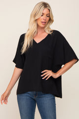 Black Oversized V-Neck Pocket Front Blouse