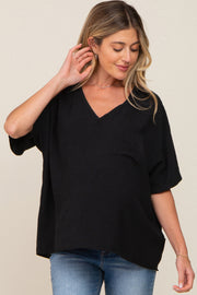 Black Oversized V-Neck Pocket Front Maternity Blouse