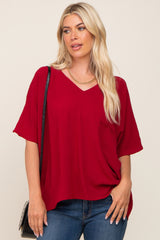 Red Oversized V-Neck Pocket Front Maternity Blouse