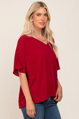 Red Oversized V-Neck Pocket Front Blouse