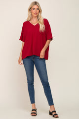 Red Oversized V-Neck Pocket Front Blouse