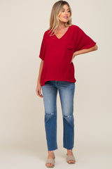 Red Oversized V-Neck Pocket Front Maternity Blouse