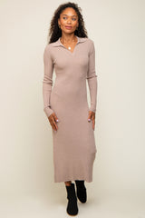 Taupe Ribbed Knit Collared Fitted Maternity Midi Dress