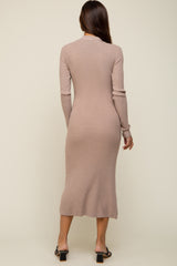 Taupe Ribbed Knit Collared Fitted Maternity Midi Dress