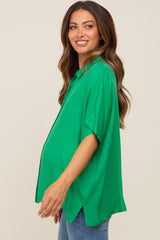 Green Button Up Dolman Short Sleeve Maternity Top