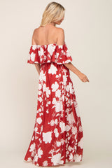 Rust Floral Overlay Off-Shoulder Side Slit Maxi Dress