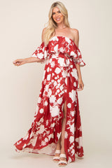 Rust Floral Overlay Off-Shoulder Side Slit Maxi Dress